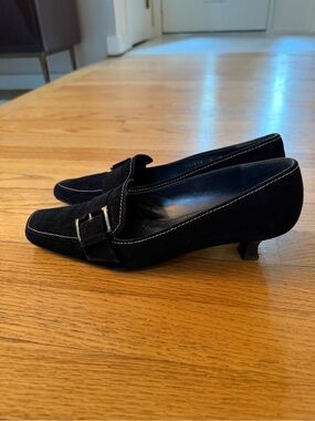 Stuart Weitzman Black Suede Kitten Heel Loafers